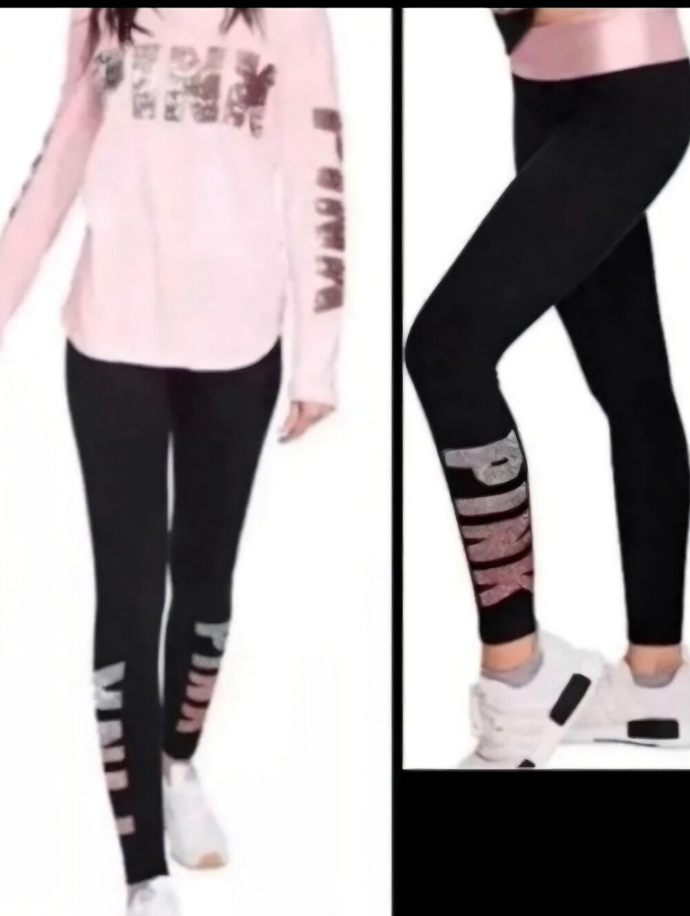 RARE--PINK Victoria's Secret Black Leggings with Ombre Pink Logo Panels Size L!